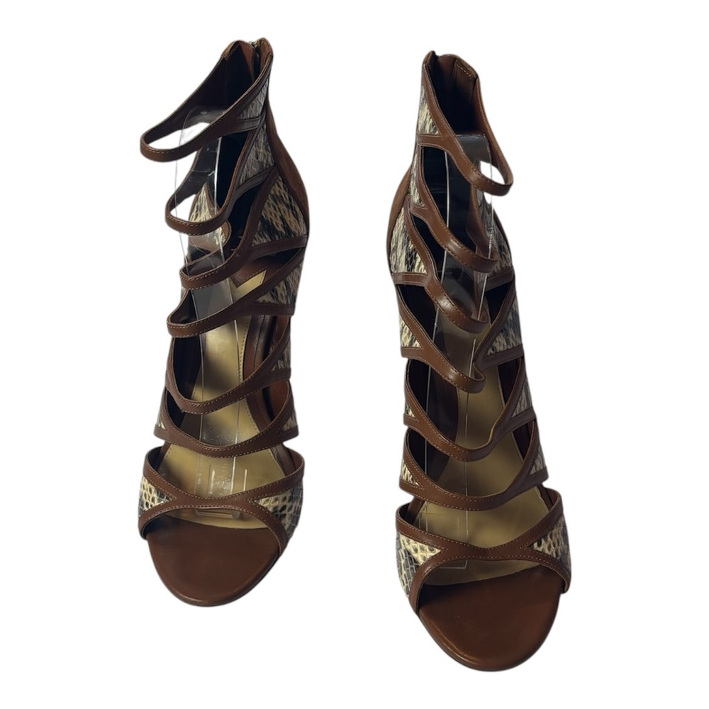 B Brian Atwood Lynnden Cage Gladiator Suede 10 Brown Snakeskin High Heel Sandals